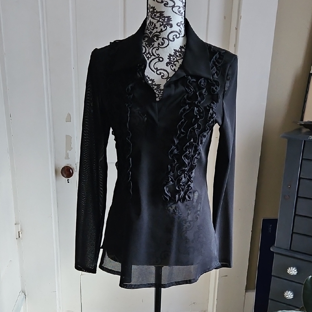 Heide Ost Sheer Black Ruffled Tunic M EUC.